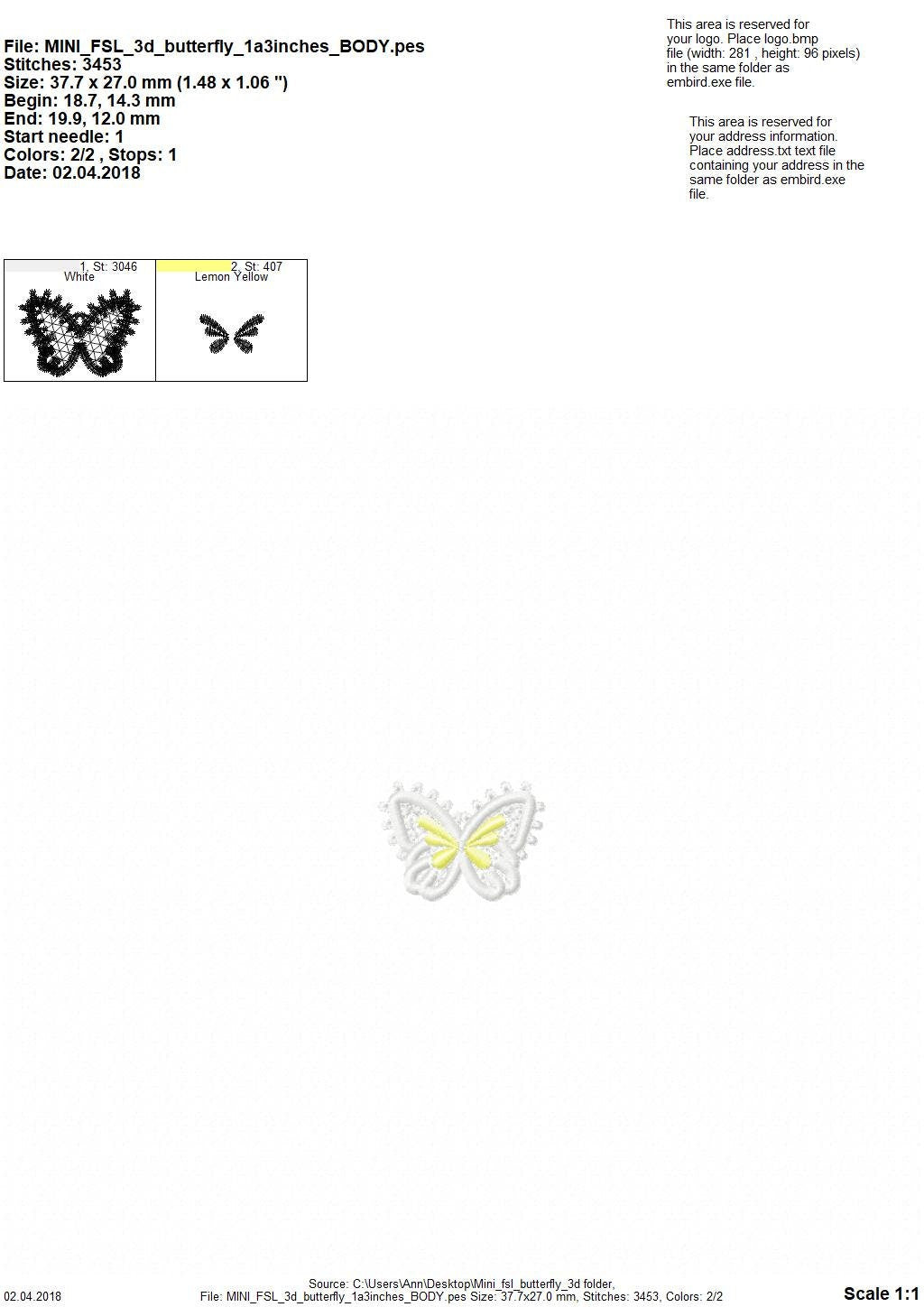 Butterfly MINI also as three-dimensional, 3 dimensional, FSL, Free standing lace embroidery design in the hoop ITH embroidery