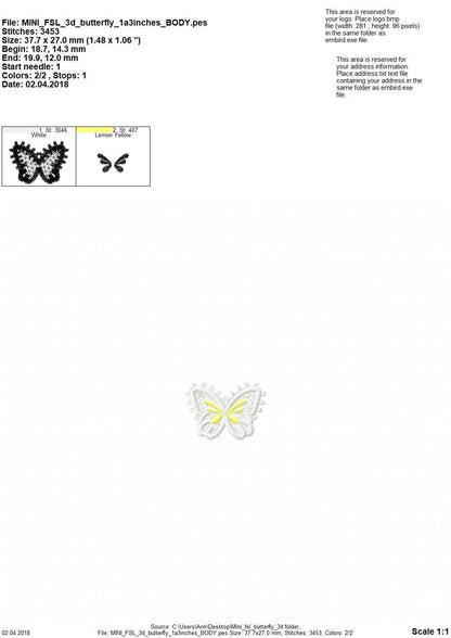 Butterfly MINI also as three-dimensional, 3 dimensional, FSL, Free standing lace embroidery design in the hoop ITH embroidery