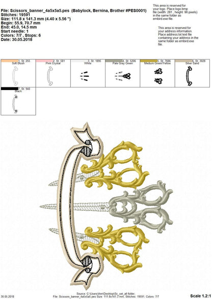 Seamstress Scissors Banner – Sizes 4" 5" 6" 7" 8" 10" Digital Embroidery File | Artapli