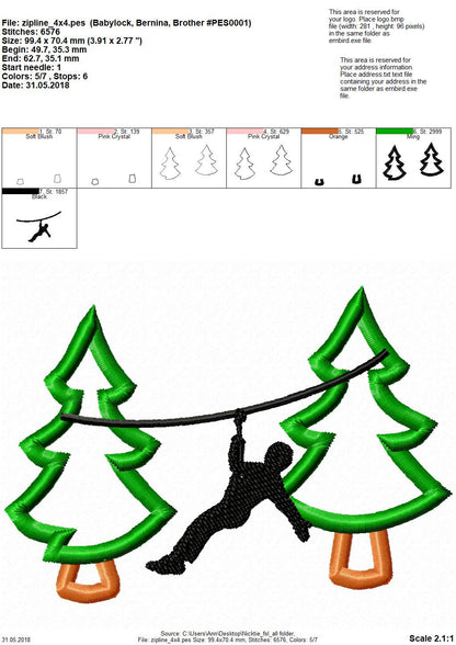 Zip-line Boy silhouette pine tree machine embroidery designs woodland zipline applique