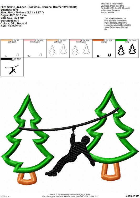 Zip-line Boy silhouette pine tree machine embroidery designs woodland zipline applique