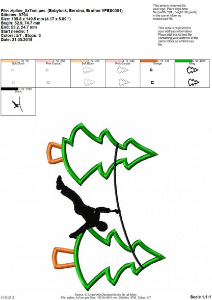 Zip-line Boy silhouette pine tree machine embroidery designs woodland zipline applique