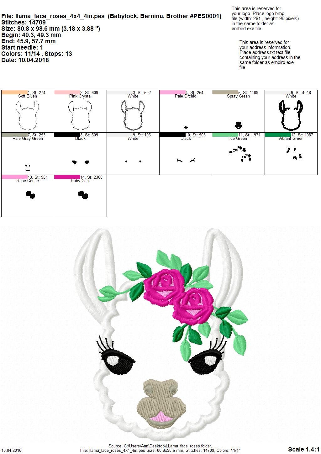 Floral pretty eyes Llama alpaca head little rose crown applique machine embroidery designs