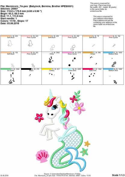 Mermicorn Unicorn Mermaid floral Cute T-Shirt applique machine embroidery designs