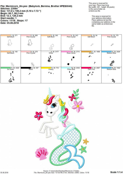 Mermicorn Unicorn Mermaid floral Cute T-Shirt applique machine embroidery designs