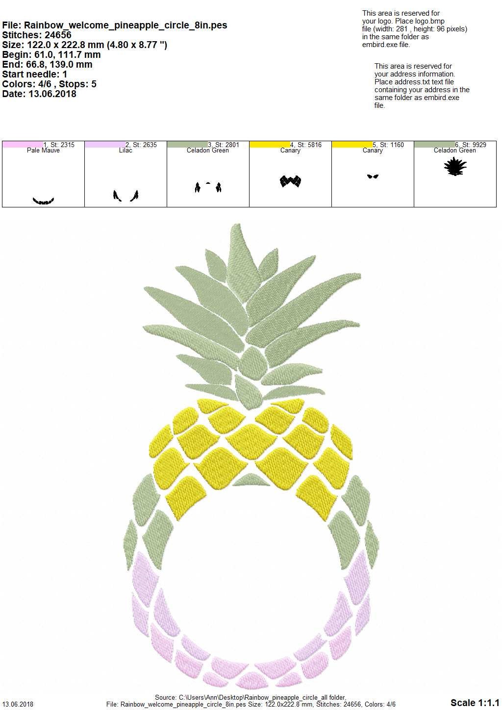 Rainbow Pineapple Circle Monogram Frame summer fruit machine embroidery designs