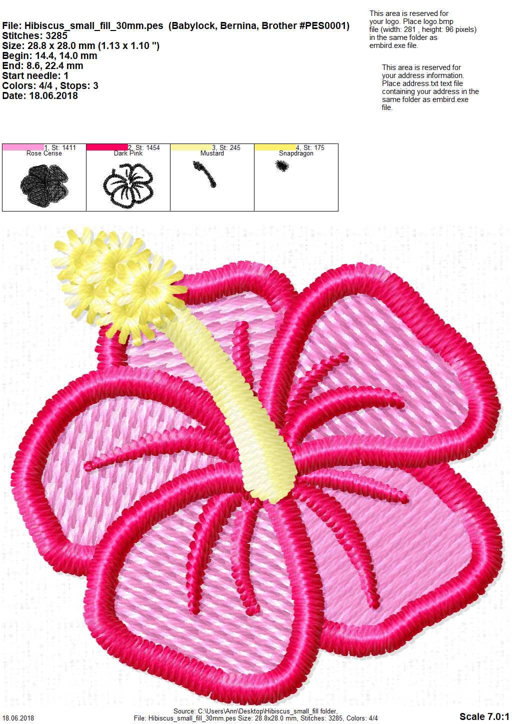 Mini Fill stitch Hibiscus flower Hawaii summer machine embroidery designs