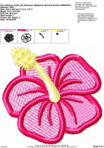 Mini Fill stitch Hibiscus flower Hawaii summer machine embroidery designs