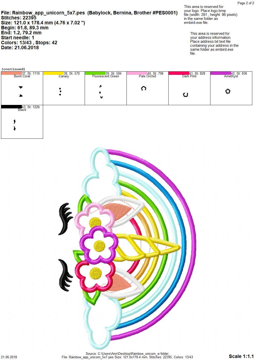 Rainbow and Unicorn with floral crown pretty eyes girly applique machine embroidery designs