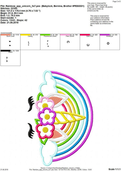Rainbow and Unicorn with floral crown pretty eyes girly applique machine embroidery designs