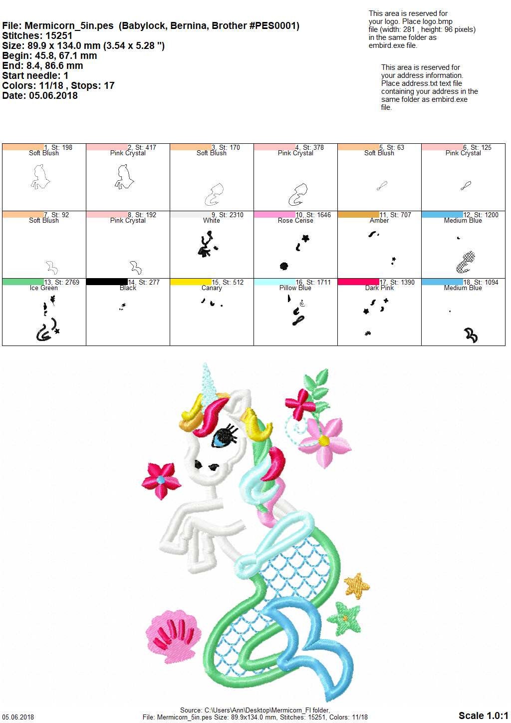 Mermicorn Unicorn Mermaid floral Cute T-Shirt applique machine embroidery designs