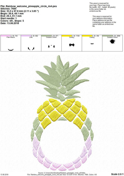 Rainbow Pineapple Circle Monogram Frame summer fruit machine embroidery designs