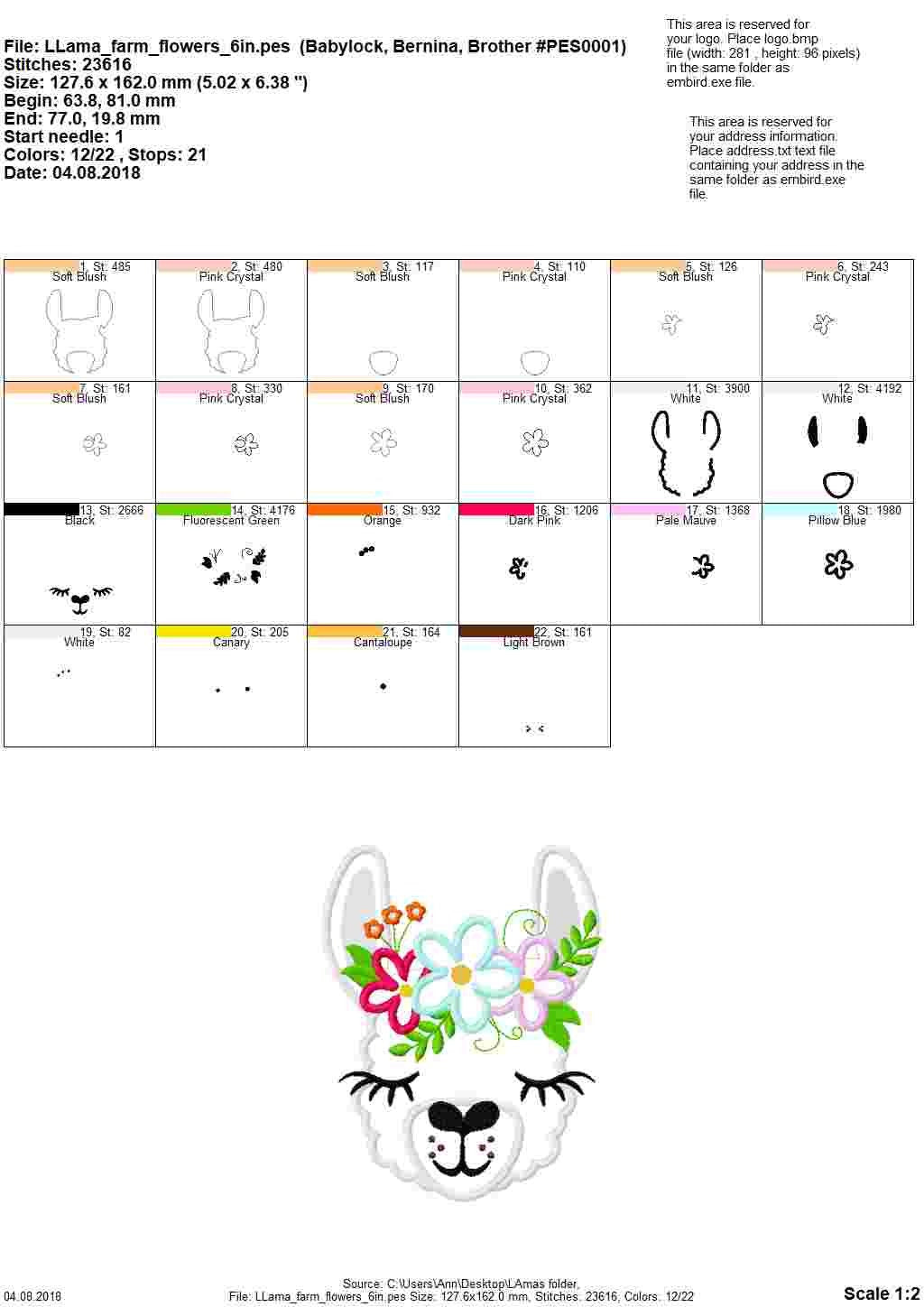 Floral Llama alpaca head pretty eyes flower crown applique machine embroidery designs