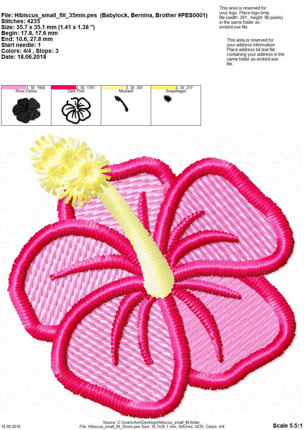 Mini Fill stitch Hibiscus flower Hawaii summer machine embroidery designs