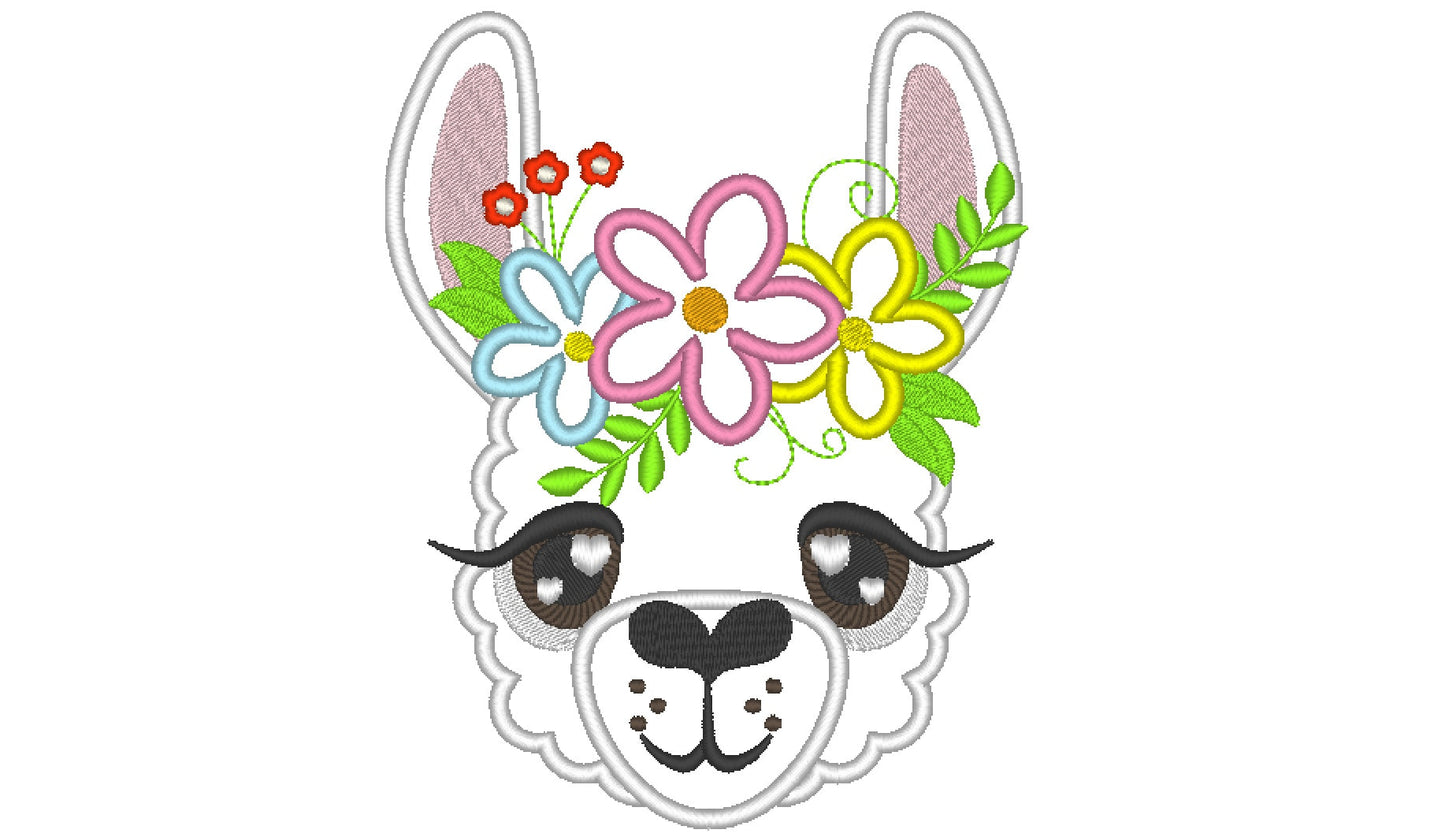 Llama alpaca face with shabby chic floral crown daisy applique machine embroidery designs