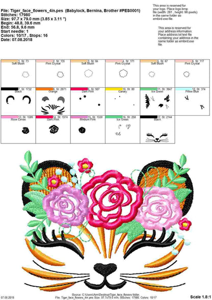Floral Tiger Pretty Eyes – Animal machine embroidery design by Artapli