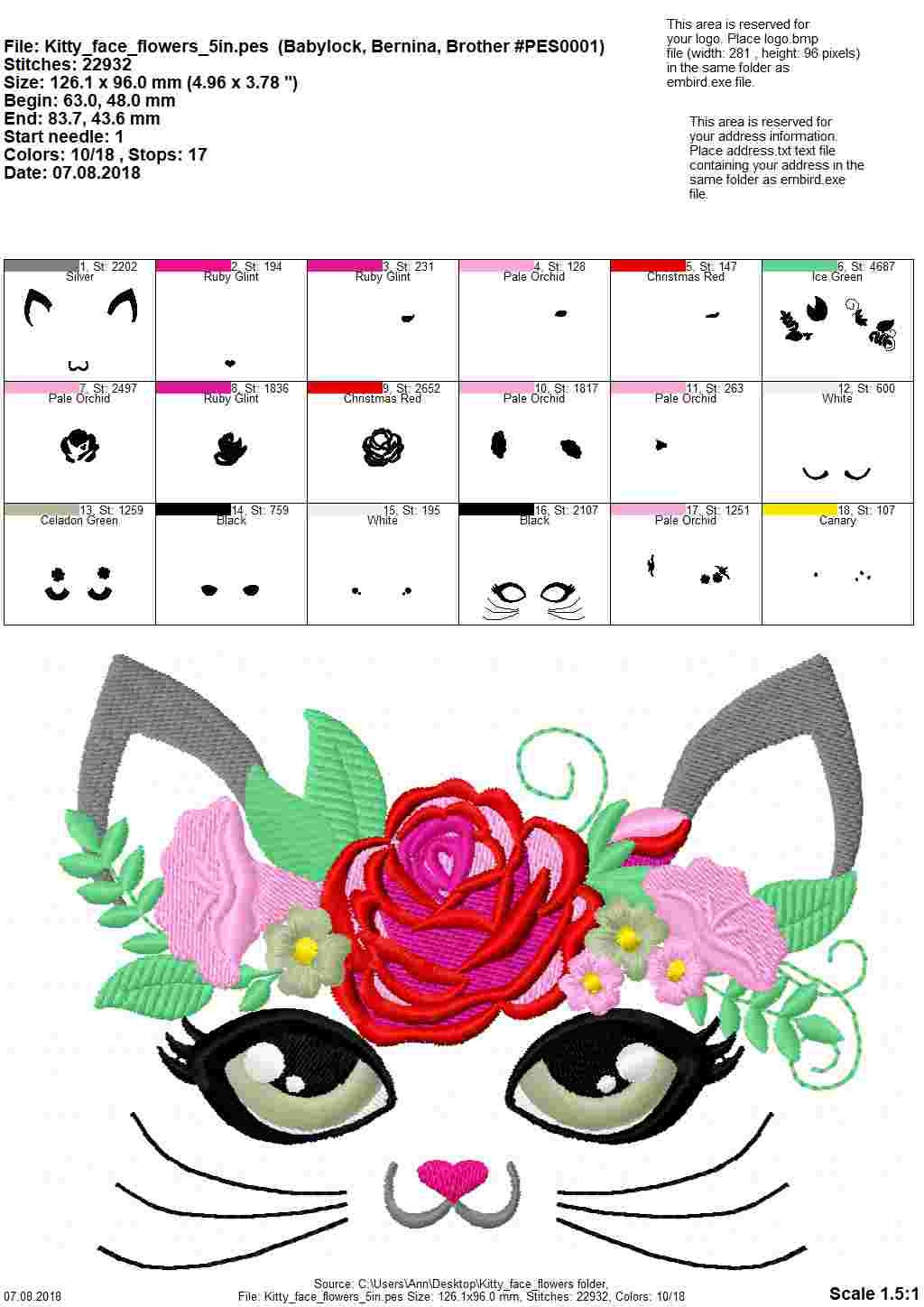 Kitty face with shabby chic rose crown applique machine embroidery embroidery designs cat head kitty
