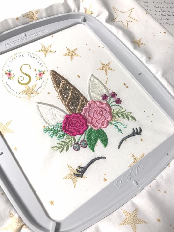 Unicorn head with shabby chic floral bouquet crown Applique girls machine embroidery designs
