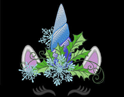 Christmas Unicorn head with snowflake and holly leaf floral crown machine embroidery designs