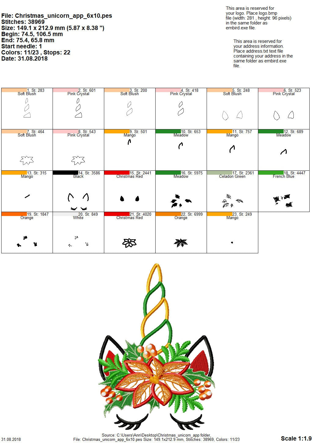 Christmas Unicorn head with floral crown applique machine embroidery designs unicorn face with snowflake