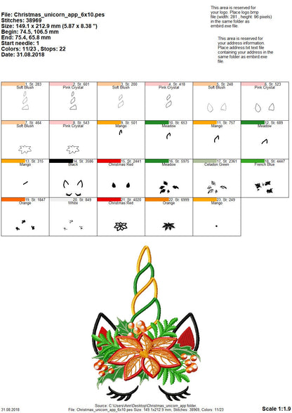 Christmas Unicorn head with floral crown applique machine embroidery designs unicorn face with snowflake