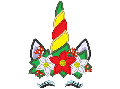 Christmas Unicorn head with floral crown applique machine embroidery designs unicorn face