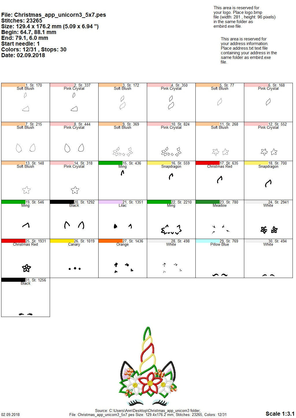 Christmas Unicorn head with floral crown applique machine embroidery designs unicorn face