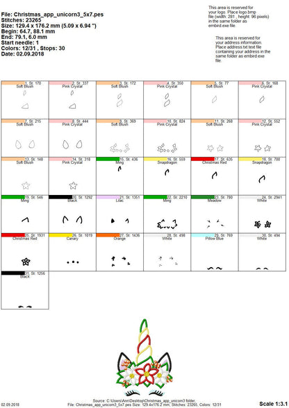 Christmas Unicorn head with floral crown applique machine embroidery designs unicorn face