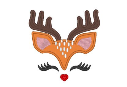 Pretty eyes Reindeer Applique Machine Embroidery Designs Red noised Deer head