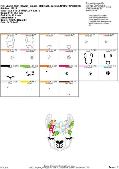 Floral Llama alpaca head pretty eyes flower crown applique machine embroidery designs
