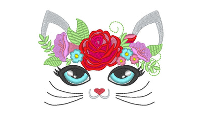 Kitty face with shabby chic rose crown applique machine embroidery embroidery designs cat head kitty