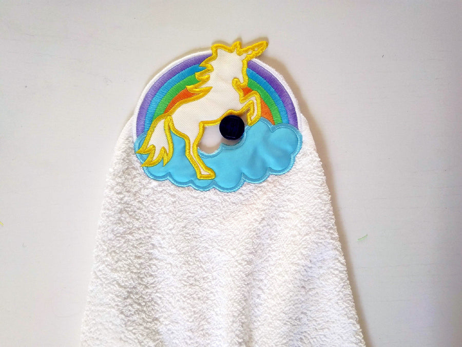 Rainbow unicorn towel hanging topper hole In The Hoop machine embroidery design, ITH project Towel topper, hanger, hanging hole embroidery