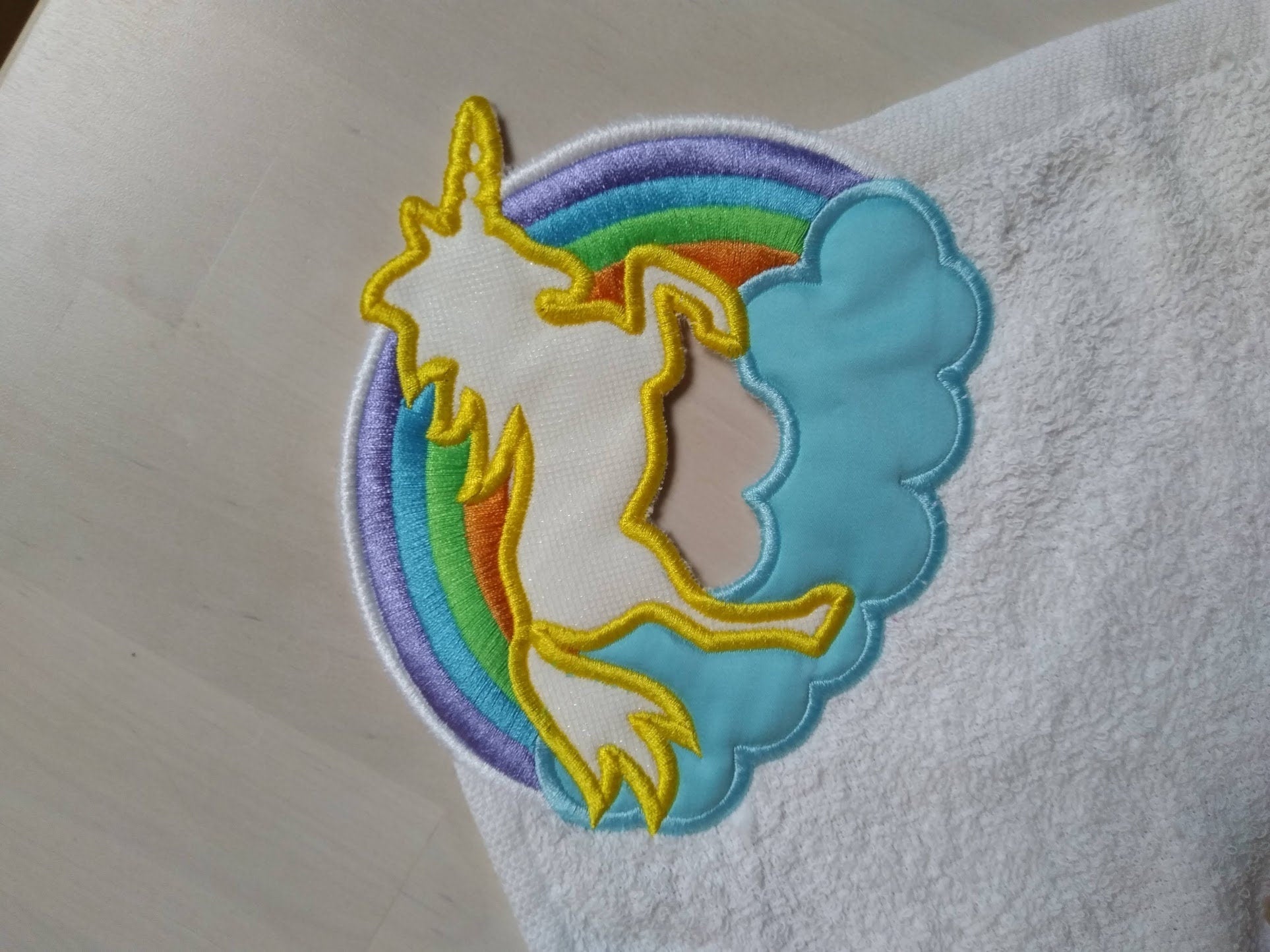 Rainbow unicorn towel hanging topper hole In The Hoop machine embroidery design, ITH project Towel topper, hanger, hanging hole embroidery
