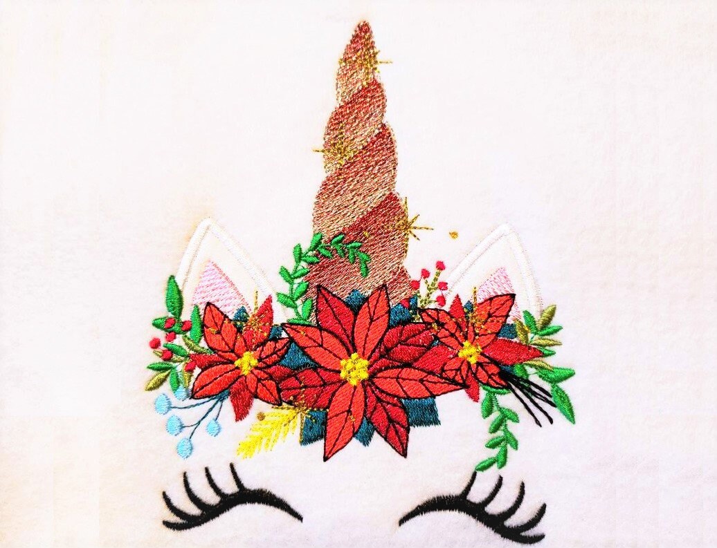 Christmas Poinsettia Unicorn Machine Embroidery 6" 8" 5" 7" 10" | PES DST JEF | Artapli
