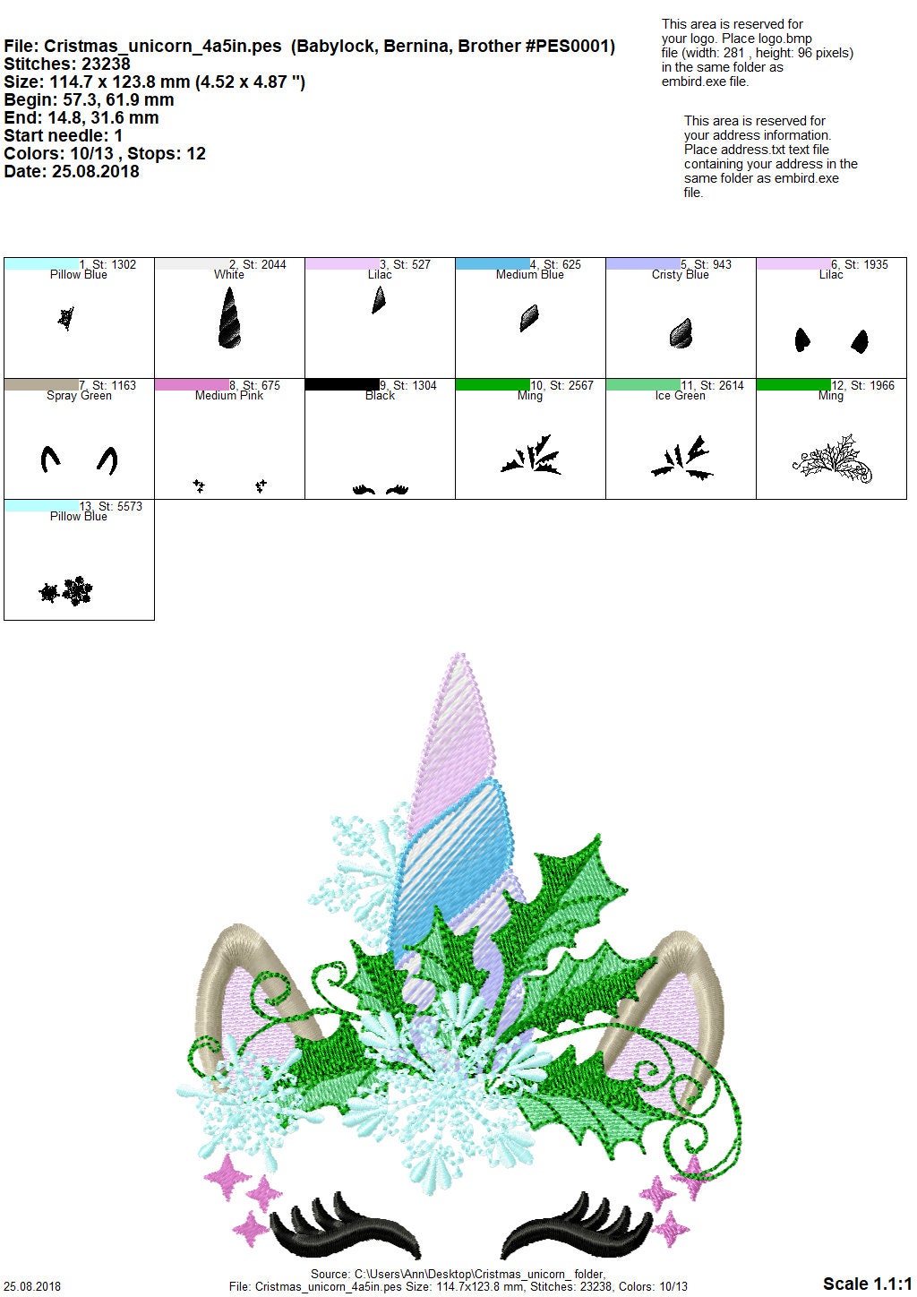 Christmas Unicorn head with snowflake and holly leaf floral crown machine embroidery designs