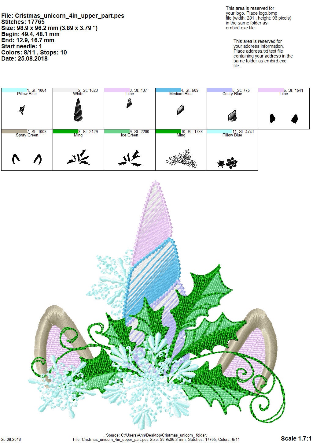 Christmas Unicorn head with snowflake and holly leaf floral crown machine embroidery designs
