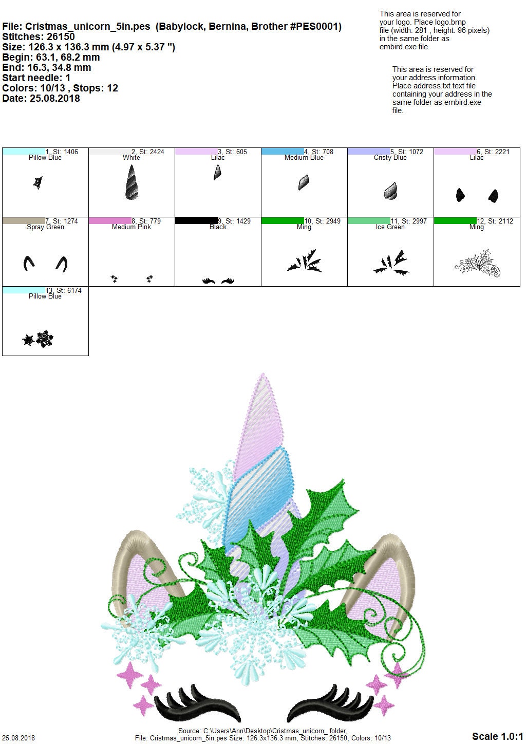 Christmas Unicorn head with snowflake and holly leaf floral crown machine embroidery designs