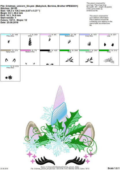 Christmas Unicorn head with snowflake and holly leaf floral crown machine embroidery designs
