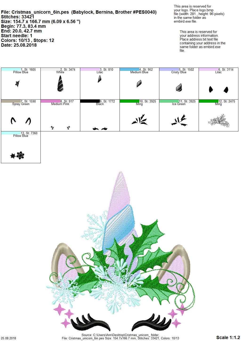 Christmas Unicorn head with snowflake and holly leaf floral crown machine embroidery designs