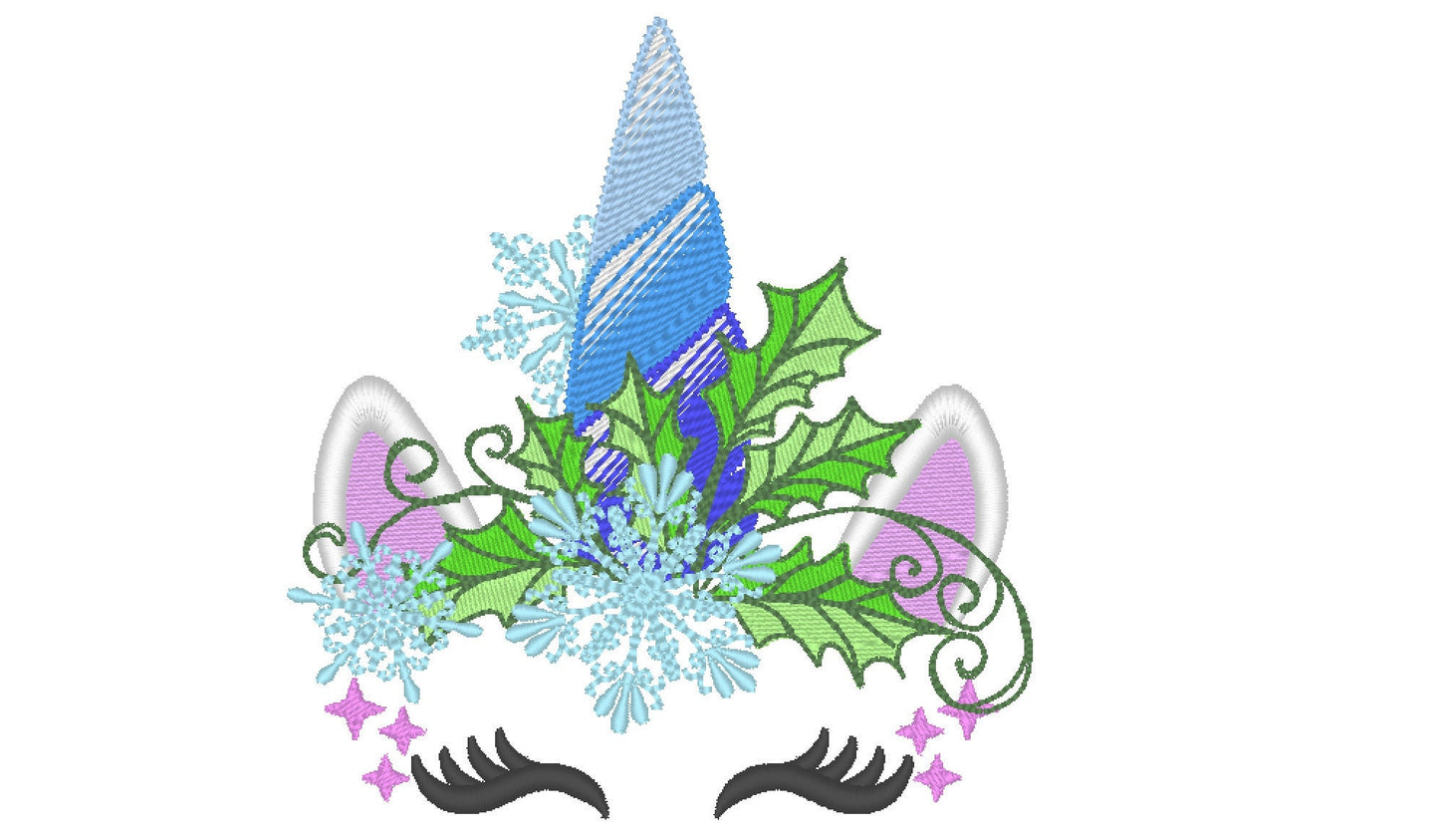 Christmas Unicorn head with snowflake and holly leaf floral crown machine embroidery designs