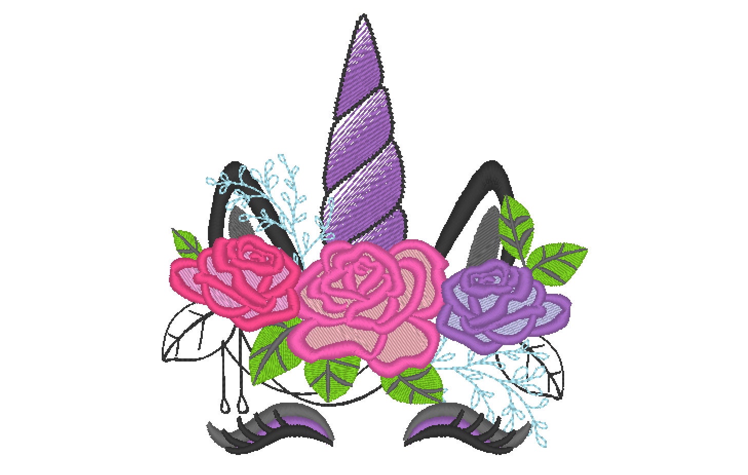 Dark shadow Unicorn head with floral crown fill Embroidery 4" 6" 7" 5" | PES DST JEF | Artapli
