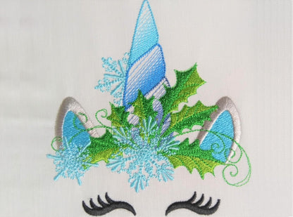 Christmas Unicorn head with snowflake and holly leaf floral crown machine embroidery designs