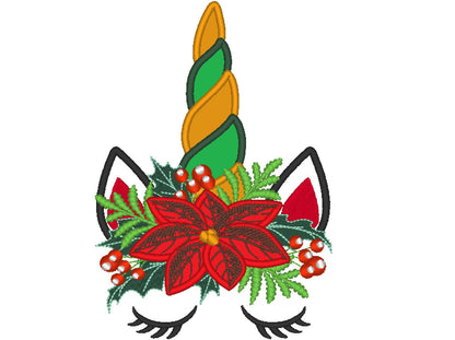 Christmas Unicorn head with floral crown applique machine embroidery designs unicorn face with snowflake