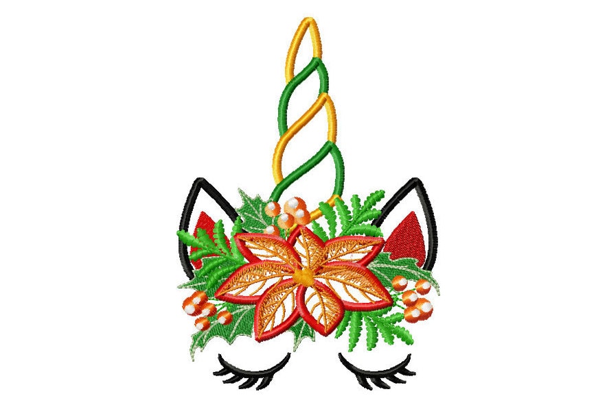 Christmas Unicorn head with floral crown applique machine embroidery designs unicorn face with snowflake