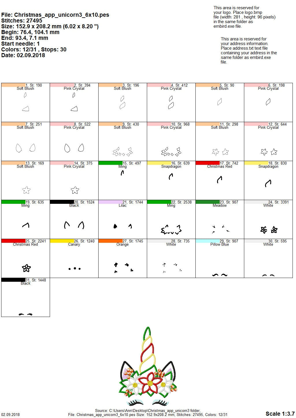 Christmas Unicorn head with floral crown applique machine embroidery designs unicorn face