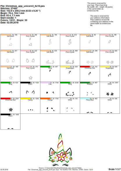 Christmas Unicorn head with floral crown applique machine embroidery designs unicorn face