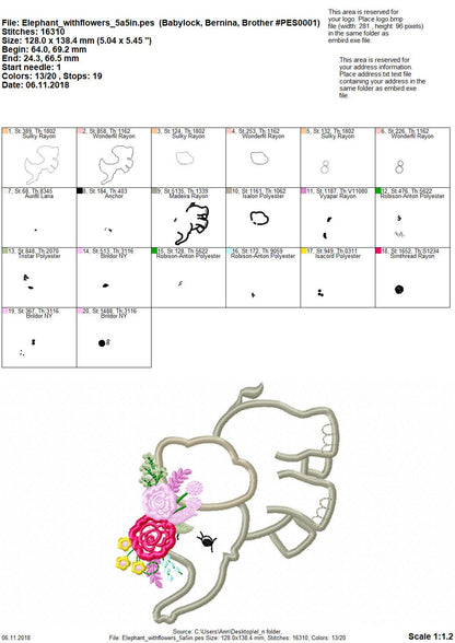 Roses Floral crown Little Elephant baby girls kids Applique machine embroidery designs 