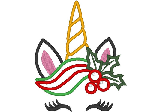 Christmas Unicorn head with floral crown fill stitch machine embroidery designs unicorn face