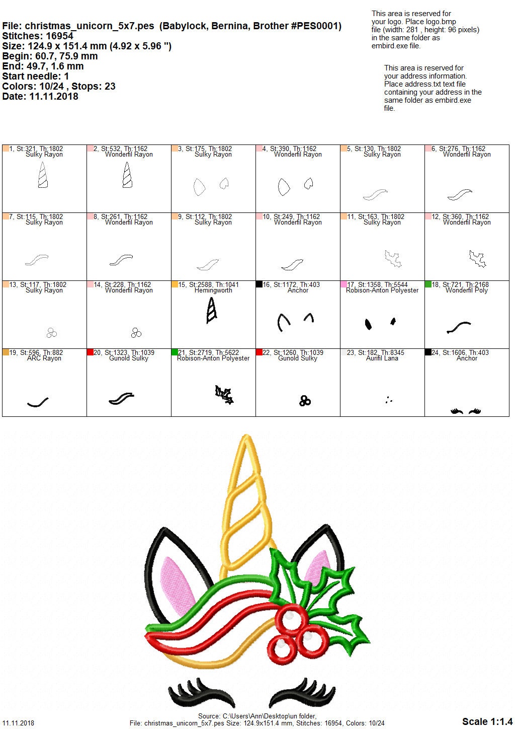 Christmas Unicorn head with floral crown fill stitch machine embroidery designs unicorn face