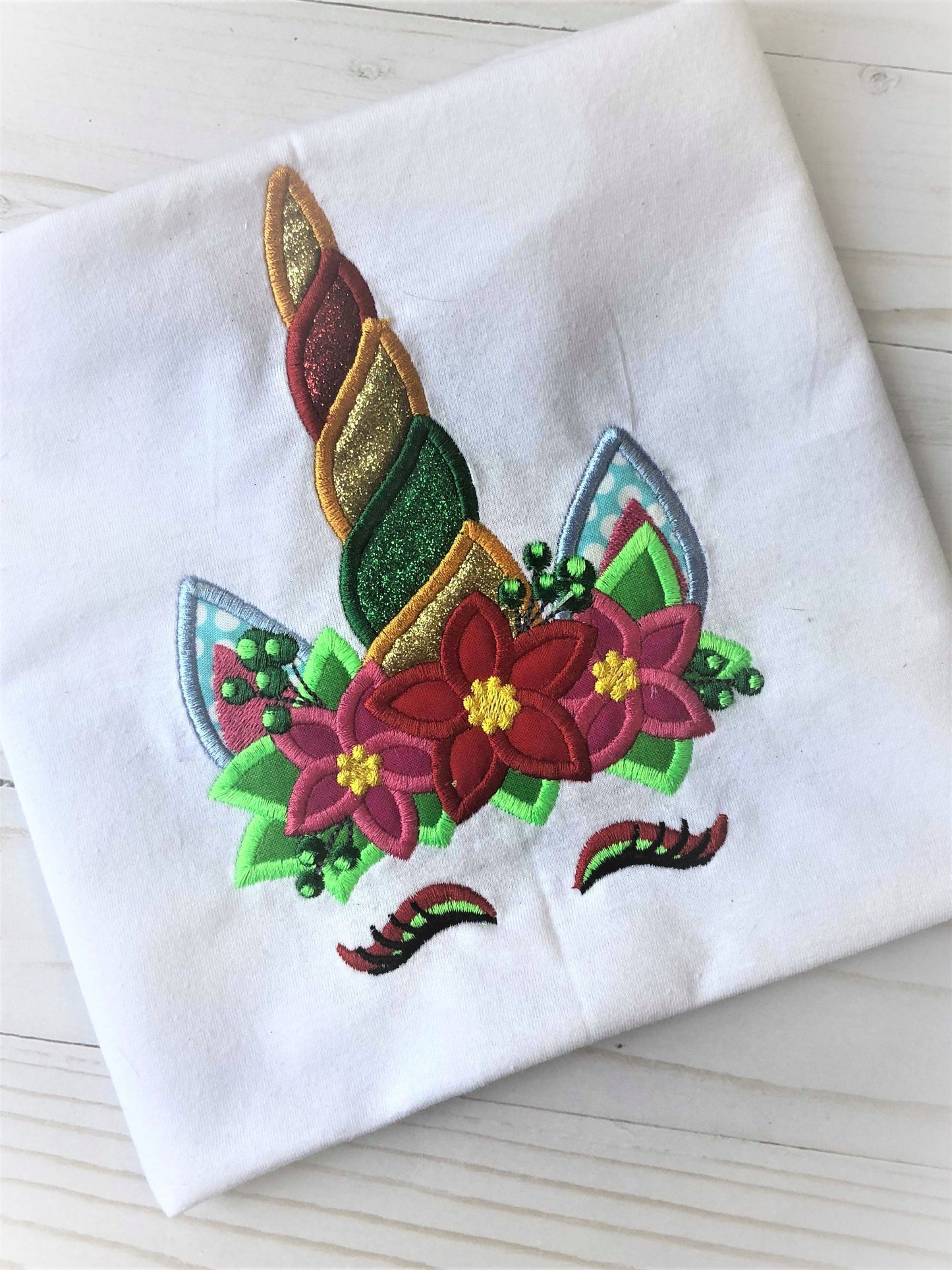 Christmas Unicorn head with floral crown applique machine embroidery designs unicorn face